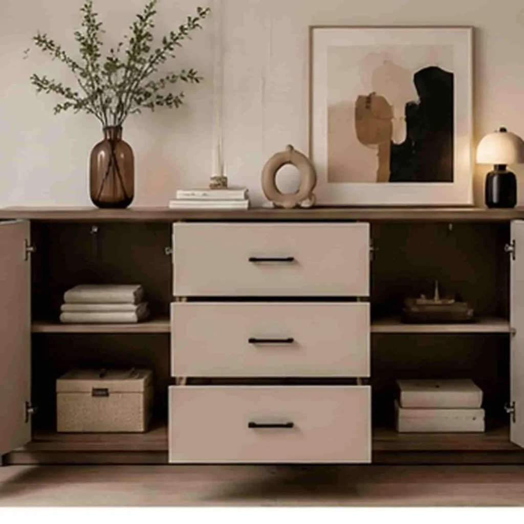 Bedroom sideboard cabinet with open doors and spacious storage
