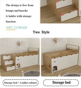 Space-saving multifunctional furniture combining a bed, wardrobe, and pet house.