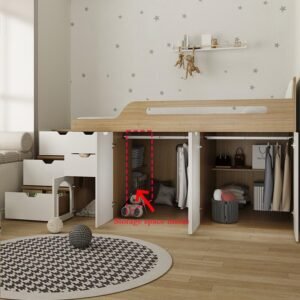 Multifunctional bed with built-in wardrobe, leader cabinet and pet house for space saving.