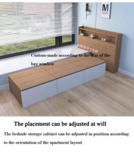 Photo of a panel-fabricated storage bed combination, highlighting the spacious under-bed drawers and the headboard unit that connects seamlessly with a bay window design.