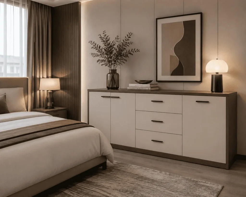 Bedroom sideboard storage cabinet in a modern hotel room