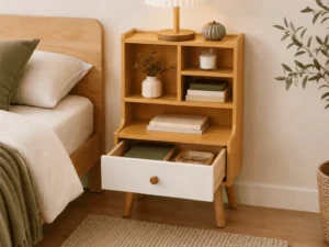 Open shelf storage detail of custom OEM nightstand