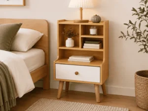 Custom OEM nightstand beside bed with shelf and drawer storage