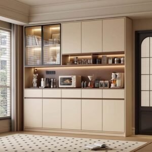 Modern panel dining room sideboard with wood grain finish and soft-closing doors.