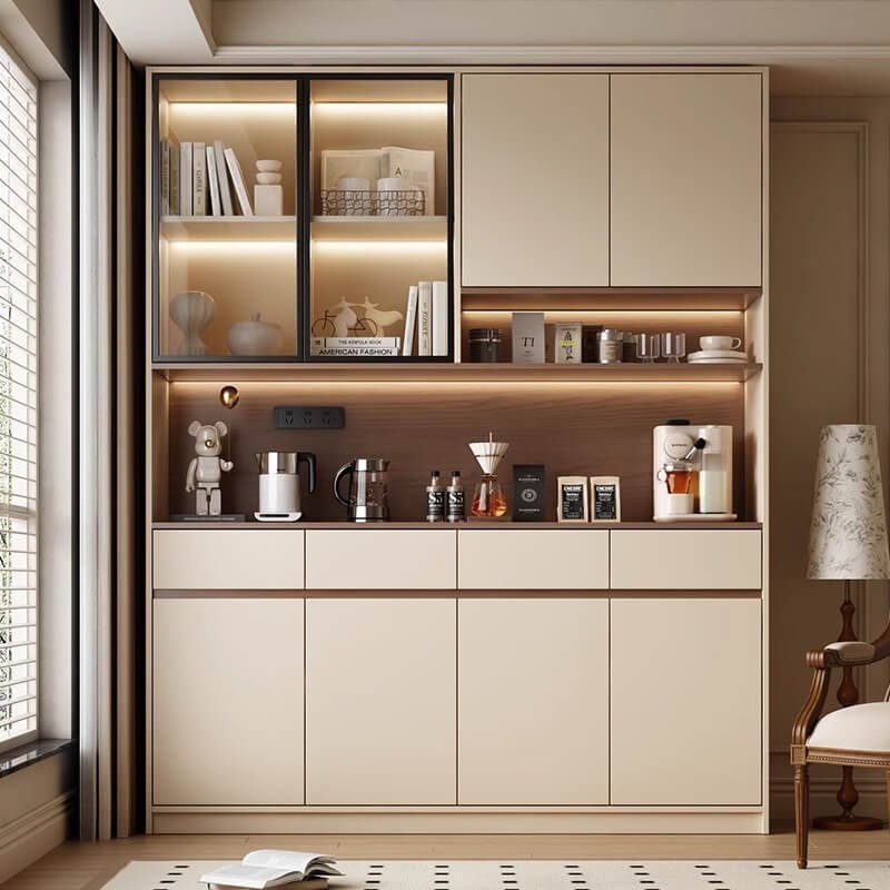 Modern panel dining room sideboard with wood grain finish and soft-closing doors.