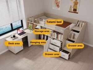 Close-up of the hidden closet built into the multifunctional loft bed, offering space-saving storage solutions for clothes and accessories.