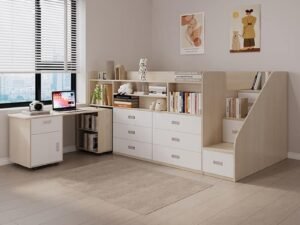 Multifunctional tatami platform bed with hidden storage drawers in a modern bedroom