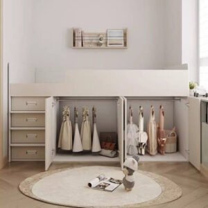 Manufactured wooden "upper bed, lower cabinet" unit for a girl's room, designed to save space efficiently.