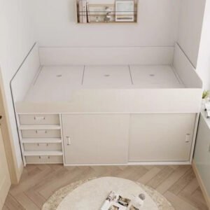 Assemble-yourself princess canopy bed with a built-in drawer system, creating a fun and organized children's space.