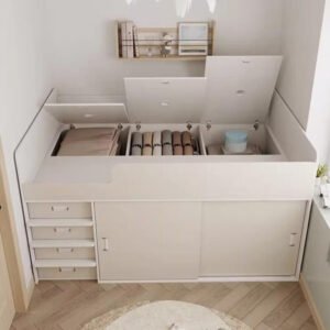White princess-style children's half-height loft bed with an integrated storage cabinet underneath.