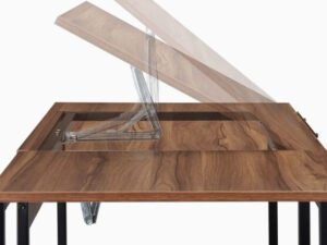 Modern office desk with filing cabinet and shelves – front view