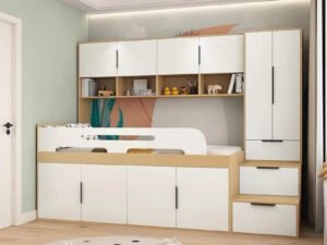 Space‑saving staircase storage bed unit with integrated drawers.Space-saving loft bed with staircase wardrobe and tatami for small apartments