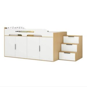 Customizable small apartment solution featuring a loft bed with built-in staircase closet.