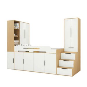 Customizable small apartment solution featuring a loft bed with built-in staircase closet.