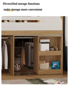 Contemporary white panel children's bed with an integrated study desk and large lower storage cabinets.