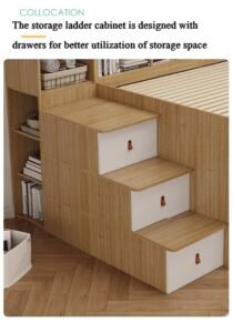 Detailed shot of the study area and smooth-gliding storage cabinets integrated into the base of a child's bed.