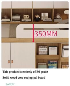 Angle view of a compact, all-in-one bed for a small room, featuring a ladder, work desk, and storage drawers.