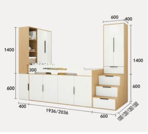 Customizable small apartment solution featuring a loft bed with built-in staircase closet.