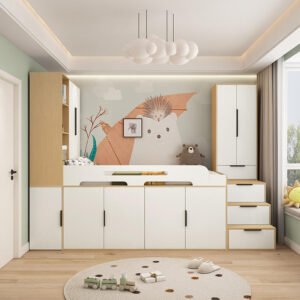 Customizable small apartment solution featuring a loft bed with built-in staircase closet.