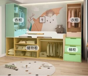 Customizable small apartment solution featuring a loft bed with built-in staircase closet.