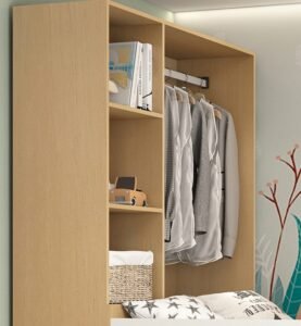 Space-saving loft bed with staircase wardrobe and tatami for small apartments.