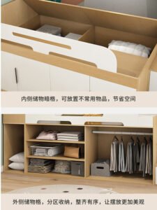 Customizable small apartment solution featuring a loft bed with built-in staircase closet.