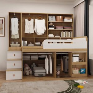Space-saving design of a modern children's bed unit, highlighting the sleeping area, study nook, and cabinet storage.