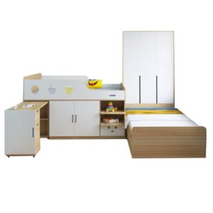 Durable engineered wood loft bed set for long-term use.