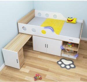 OEM customizable kids loft bed with desk and wardrobe for export.