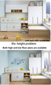 Space efficient loft bed for a small girl's room with wardrobe.