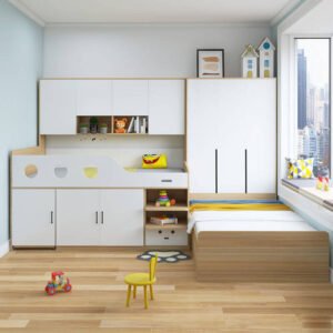 Scandinavian style white loft bed with sleek desk and minimalist wardrobe.