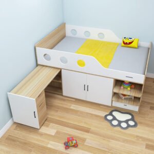 Modern minimalist youth loft bed in light wood finish.