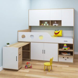 Sleek contemporary loft bed design for a tidy teenager room.