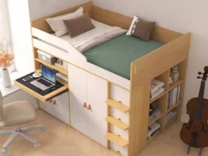panel bed with storage and sliding wardrobe set for small bedroom