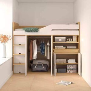 Safety-tested loft bed for children with strong guardrails and ladder.