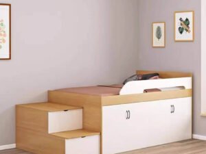 Children’s high sleeper bed with workstation and wardrobe – white finish