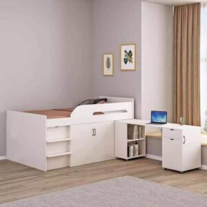 Scandinavian style white loft bed with sleek desk and minimalist wardrobe.