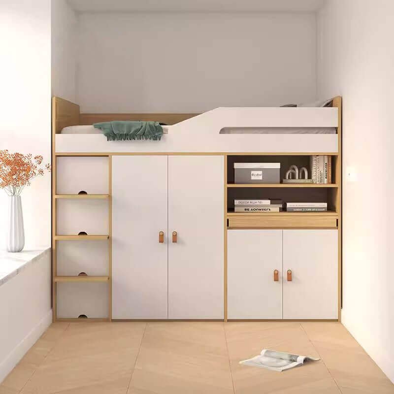 Modern minimalist youth loft bed in light wood finish.
