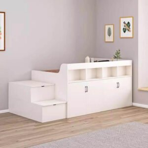 Kids high sleeper bed, High sleeper bed with built-in study desk and cupboard for children,Stylish navy blue loft bed with geometric details and desk.