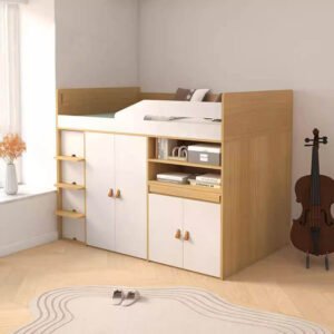 Customizable youth loft bed with integrated desk and wardrobe in white.