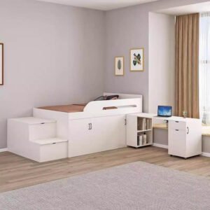 kids high sleeper bed: Kids loft bed workstation wardrobe cupboard – natural wood finish,Kids loft bed with under-bed study desk and storage drawers,Space saving loft bed for kids with study desk and storage wardrobe.