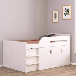 Sturdy panel board loft bed with built-in desk and wardrobe.