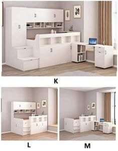 Happy child studying at the desk of their new loft bed.