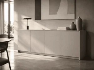 Modern sideboard buffet cabinet in a minimalist dining room interior