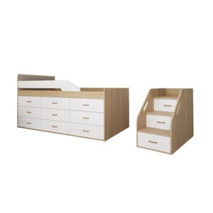 Full room setup showcasing the integrated bed, wardrobe, and desk combination in a compact bedroom interior.