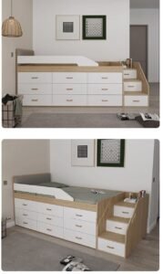 Modern white multi-functional combination bed with integrated wardrobe, desk, and high box storage drawers.