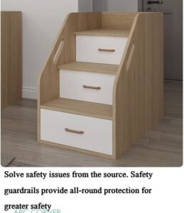 Children's semi-high bed in natural wood finish, featuring a built-in study desk and a large storage cabinet underneath.