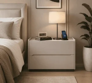 Plywood bedroom nightstand with two drawers in modern bedroom