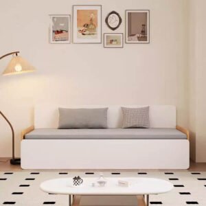 Modern dual-purpose sofa converted from a bed back into a stylish three-seater couch.