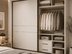 Sliding door bedroom wardrobe with open interior storage in a modern bedroom